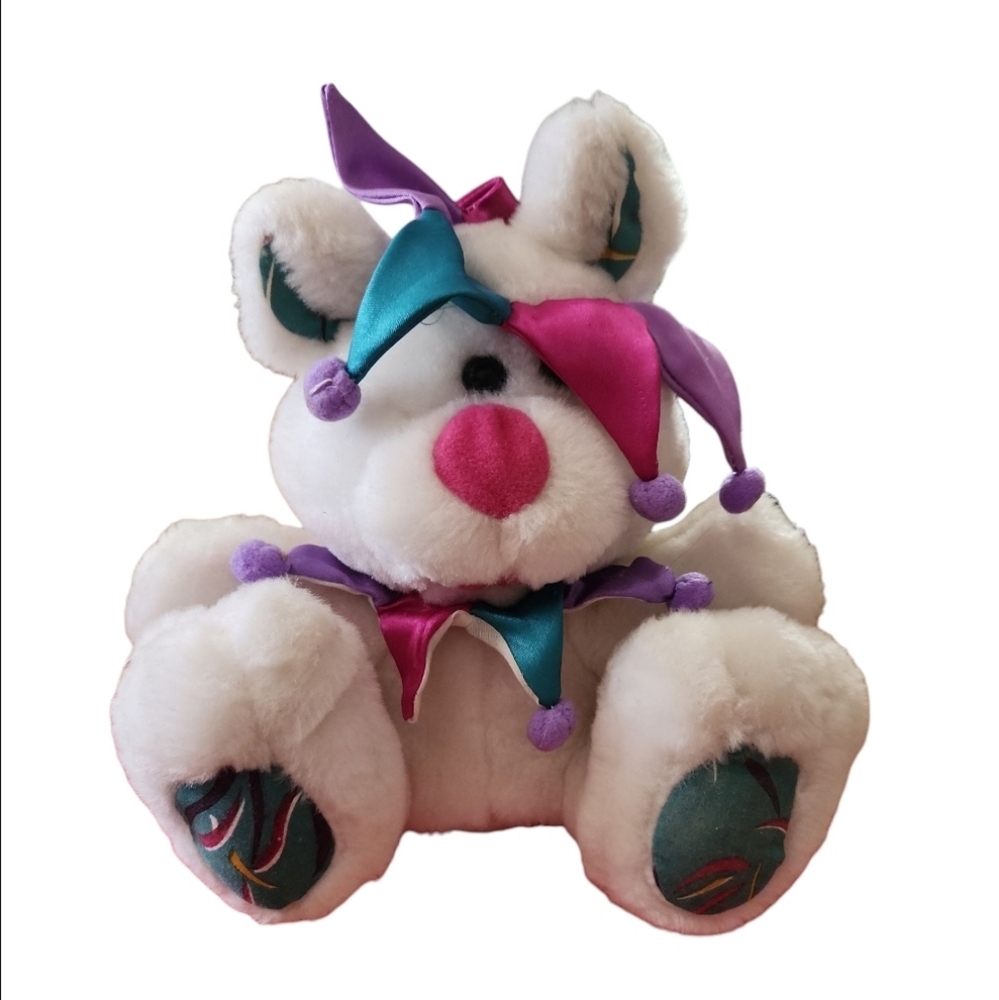 Vintage Cloud 9 Jester Joker White Teddy Bear Stuffed Animal Approximately 10"